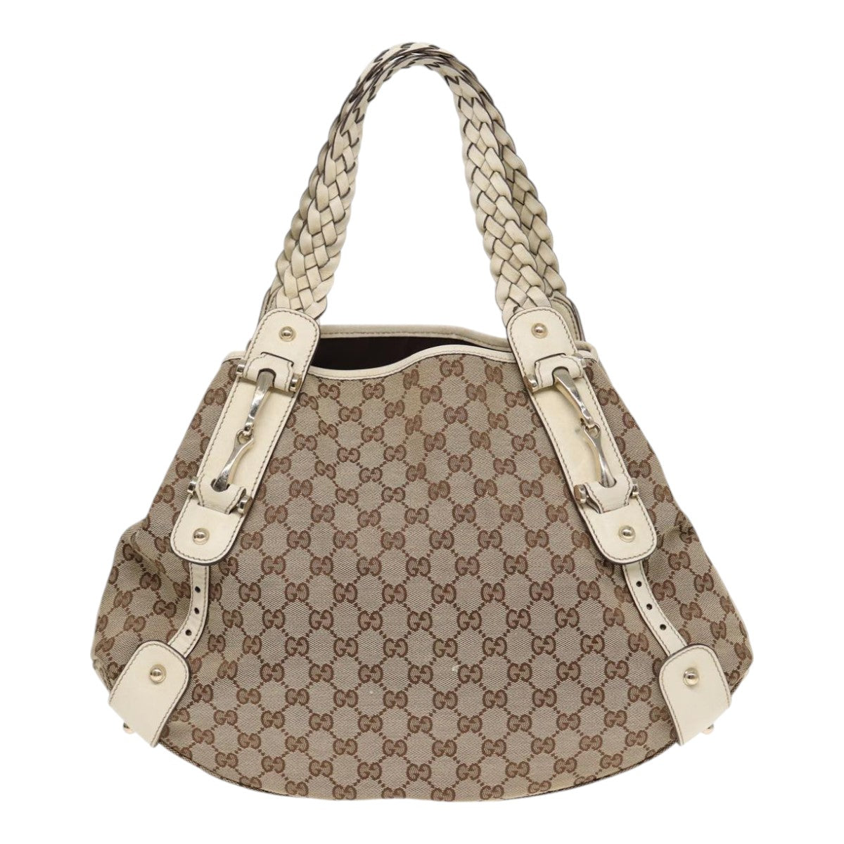 GUCCI GG Canvas Horsebit Tote Bag Beige Silver 137621 Auth yk14424