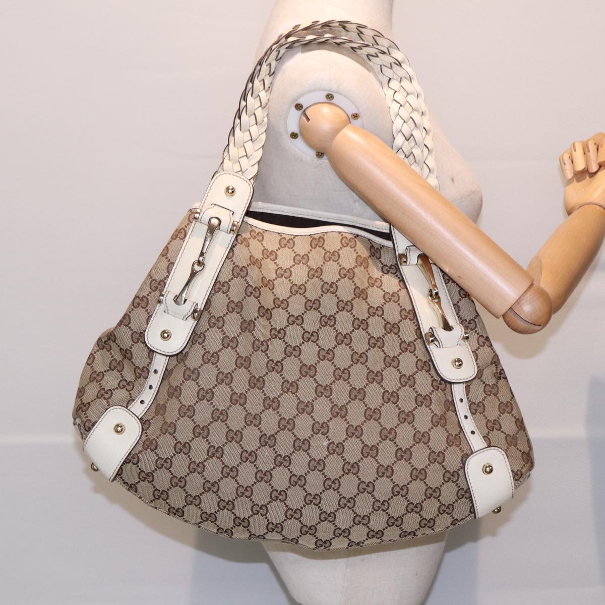 GUCCI GG Canvas Horsebit Tote Bag Beige Silver 137621 Auth yk14424