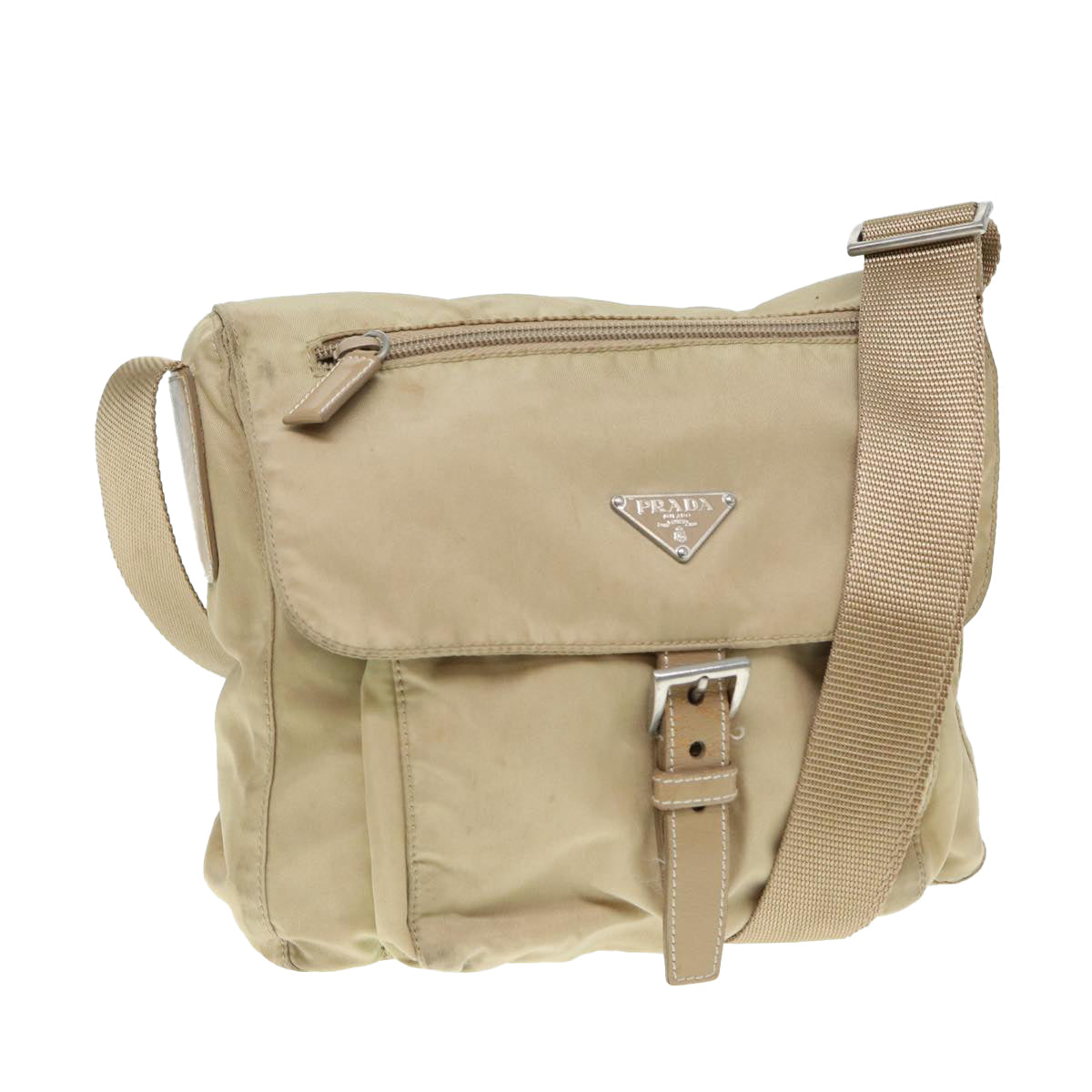 PRADA Shoulder Bag Nylon Beige Silver Auth yk14425