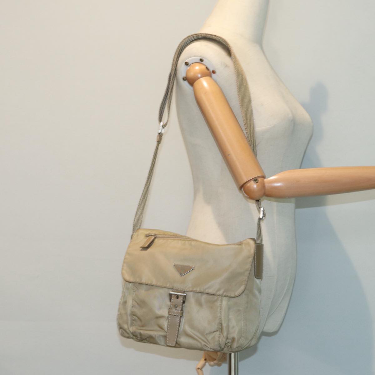 PRADA Shoulder Bag Nylon Beige Silver Auth yk14425