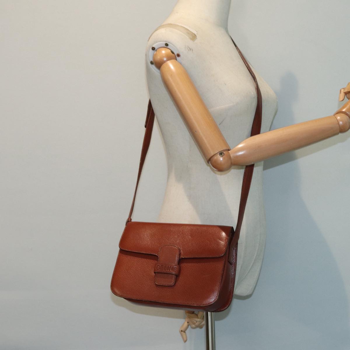 CELINE Shoulder Bag Leather Gold Brown Auth yk14429