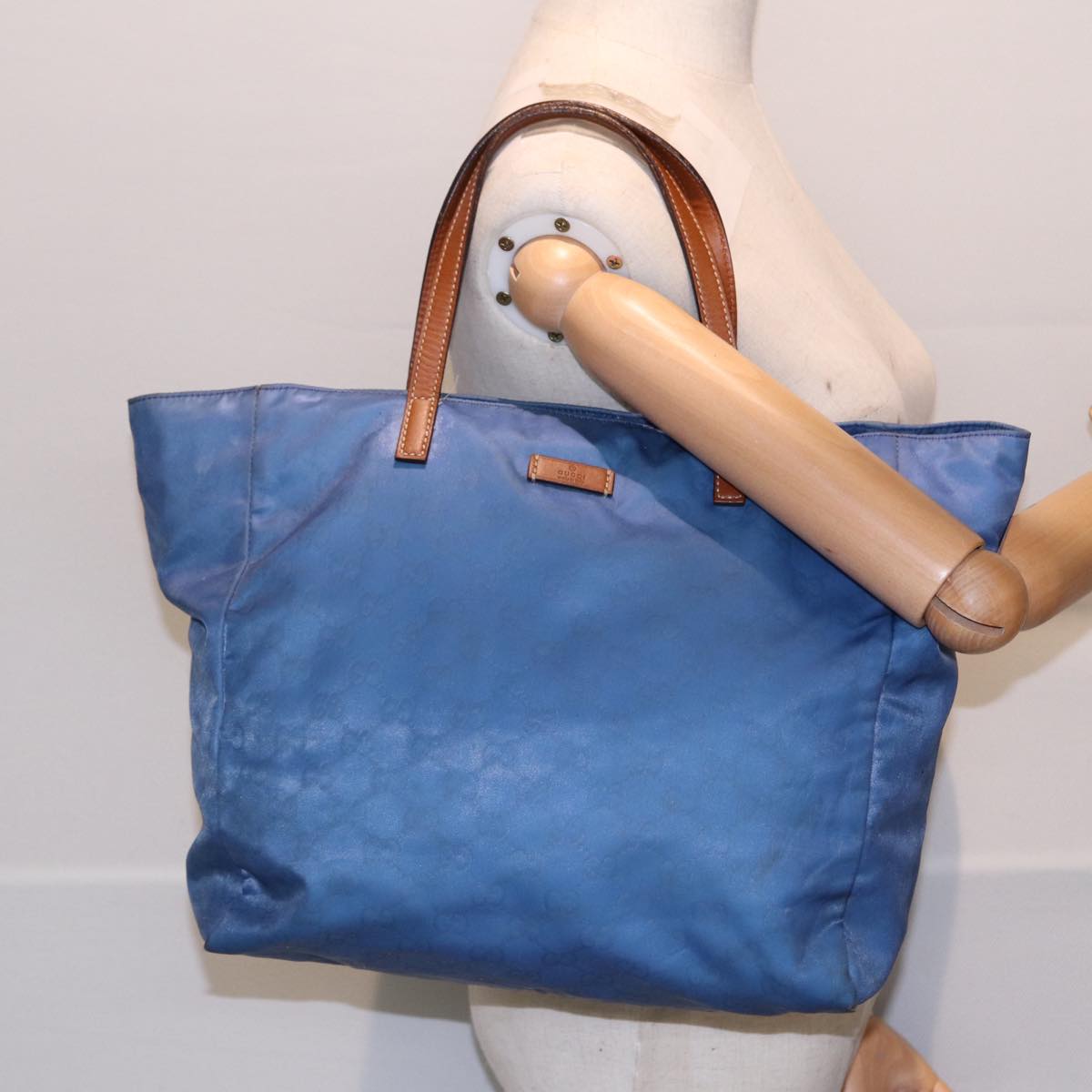 GUCCI GG Canvas Tote Bag Nylon Blue Brown Silver 282439 Auth yk14432