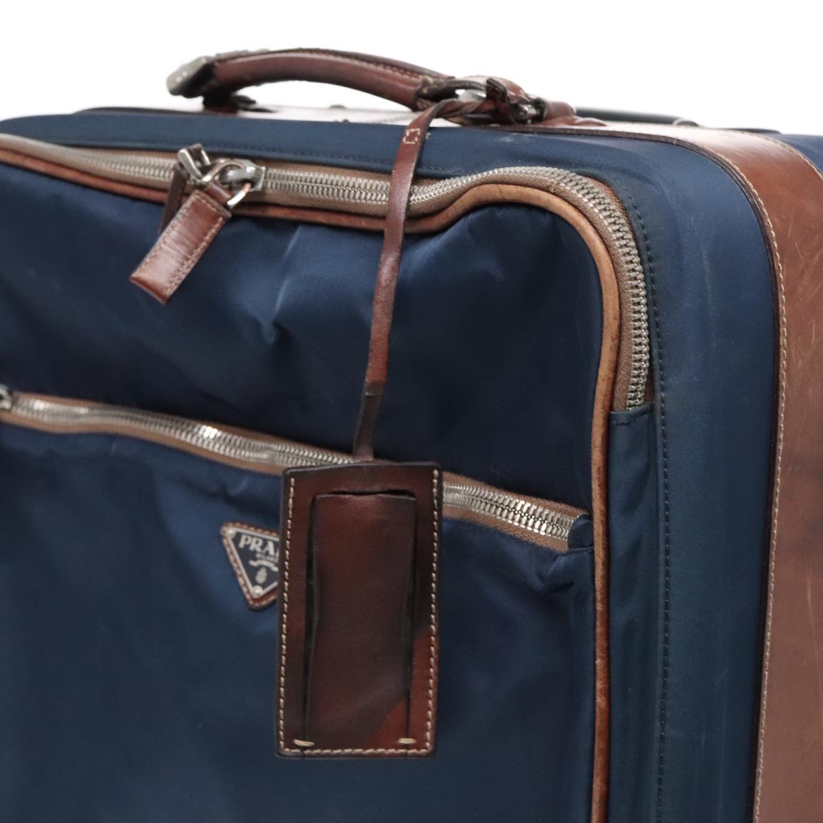 PRADA Suitcase Nylon Leather Navy Brown Auth yk14443