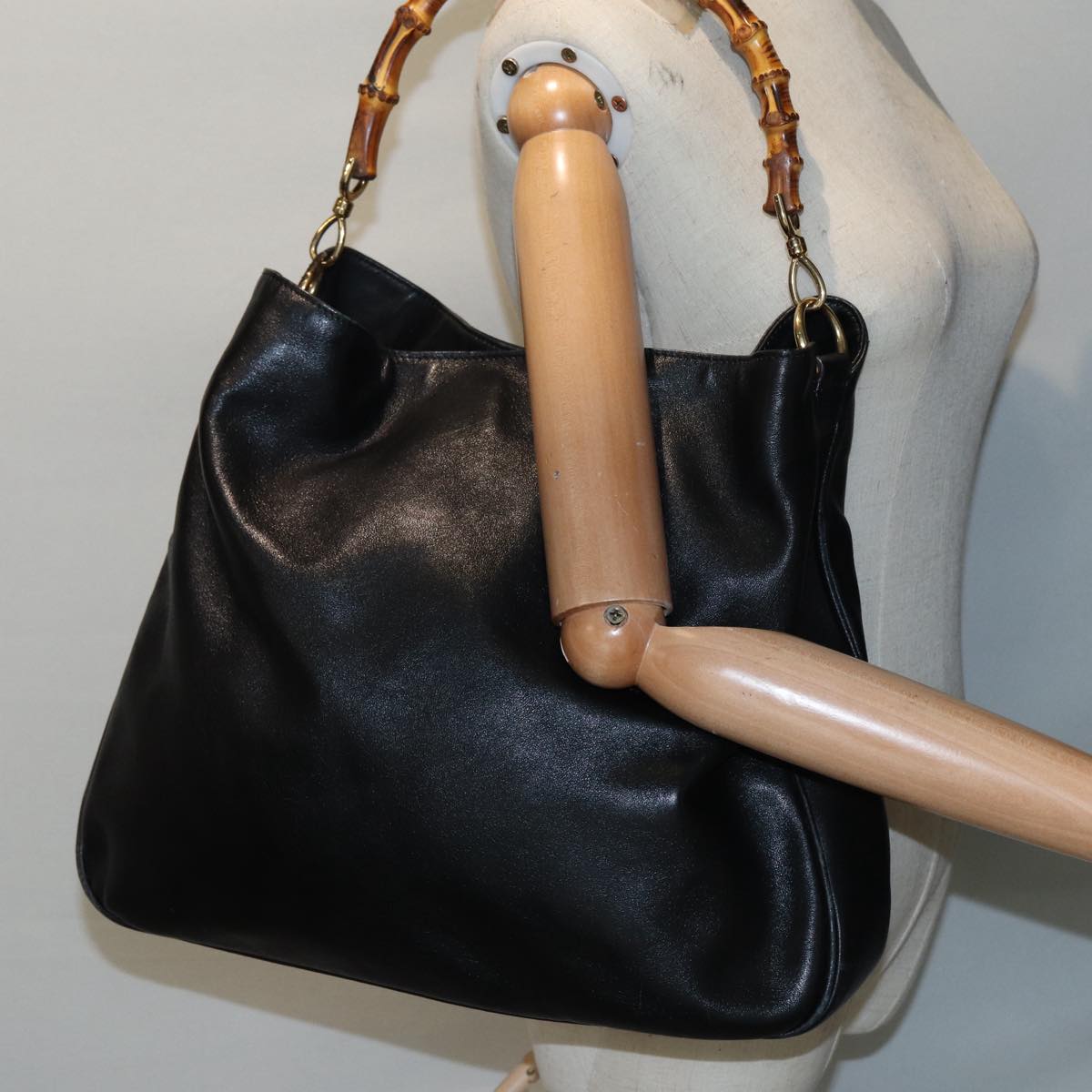 GUCCI Bamboo Hand Bag Leather Black Gold 001 3754 1577 Auth yk14446