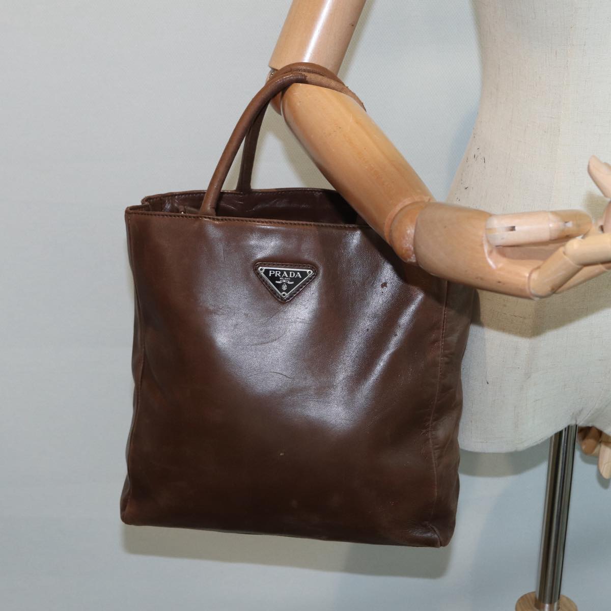 PRADA Hand Bag Leather Brown Silver Auth yk14450