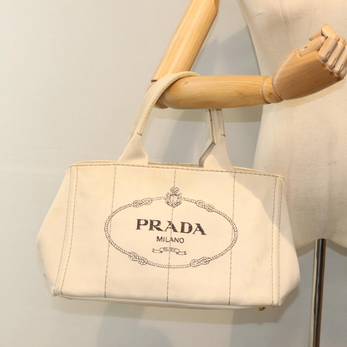 PRADA Canapa MM Hand Bag Canvas Beige Gold Auth yk14457