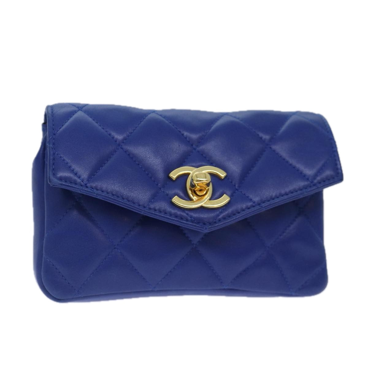 CHANEL Matelasse Waist bag Leather Blue Gold CC Auth yk14459