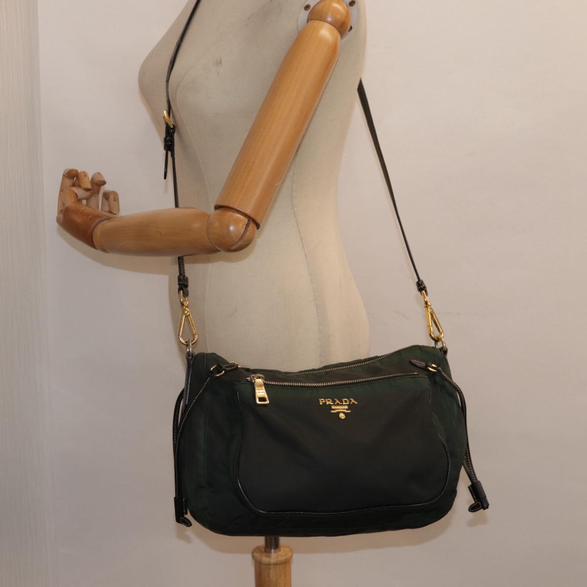 PRADA Shoulder Bag Nylon Khaki Gold Auth yk14470