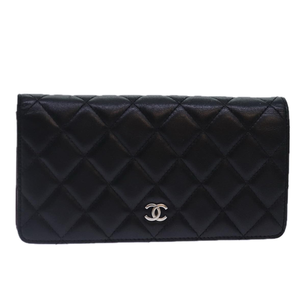 CHANEL Matelasse Long Wallet Lamb Skin Black Silver CC Auth yk14488