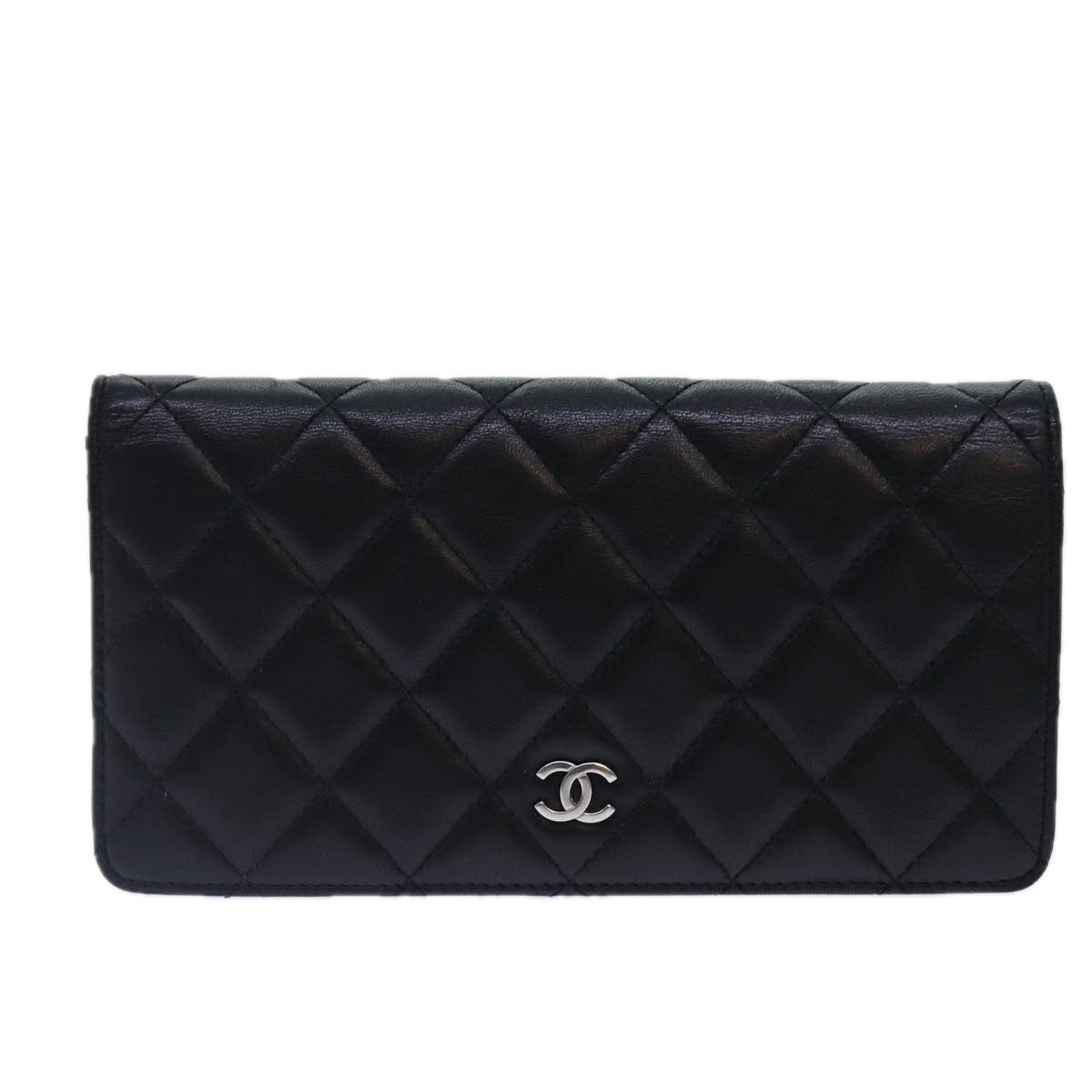 CHANEL Matelasse Long Wallet Lamb Skin Black Silver CC Auth yk14488