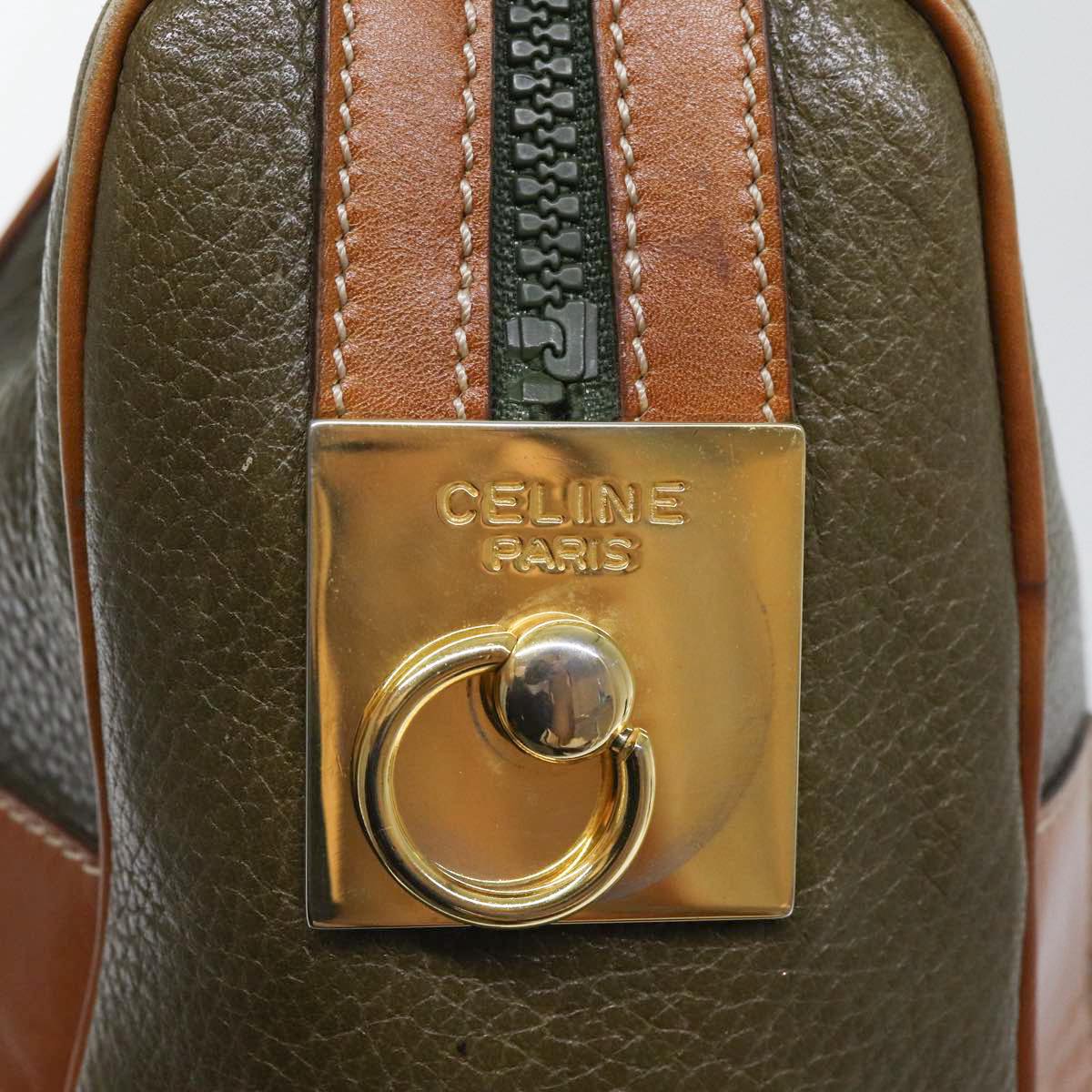 CELINE Boston Bag Leather Khaki Gold Auth yk14493