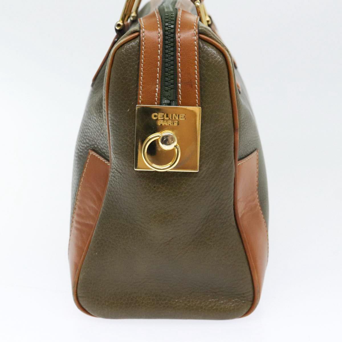 CELINE Boston Bag Leather Khaki Gold Auth yk14493