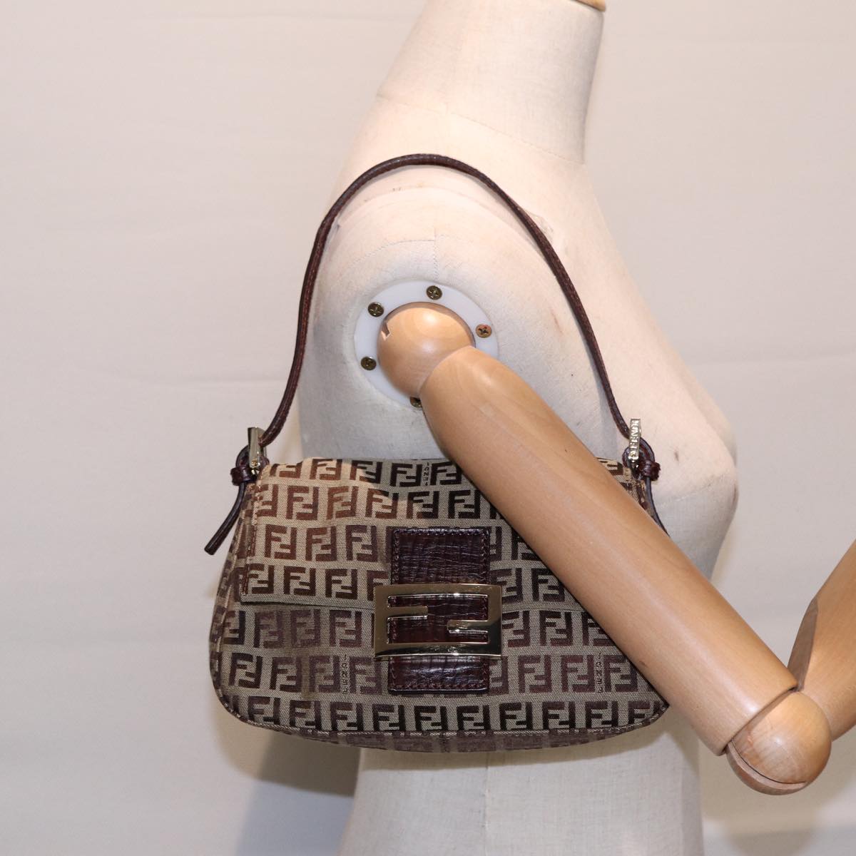 FENDI Zucchino Canvas Mini Mamma Baguette Hand Bag Beige Gold Auth yk14500A