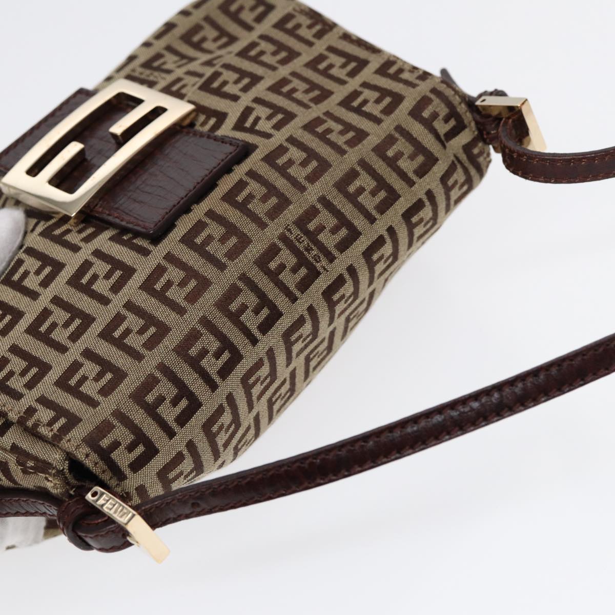 FENDI Zucchino Canvas Mini Mamma Baguette Hand Bag Beige Gold Auth yk14500A