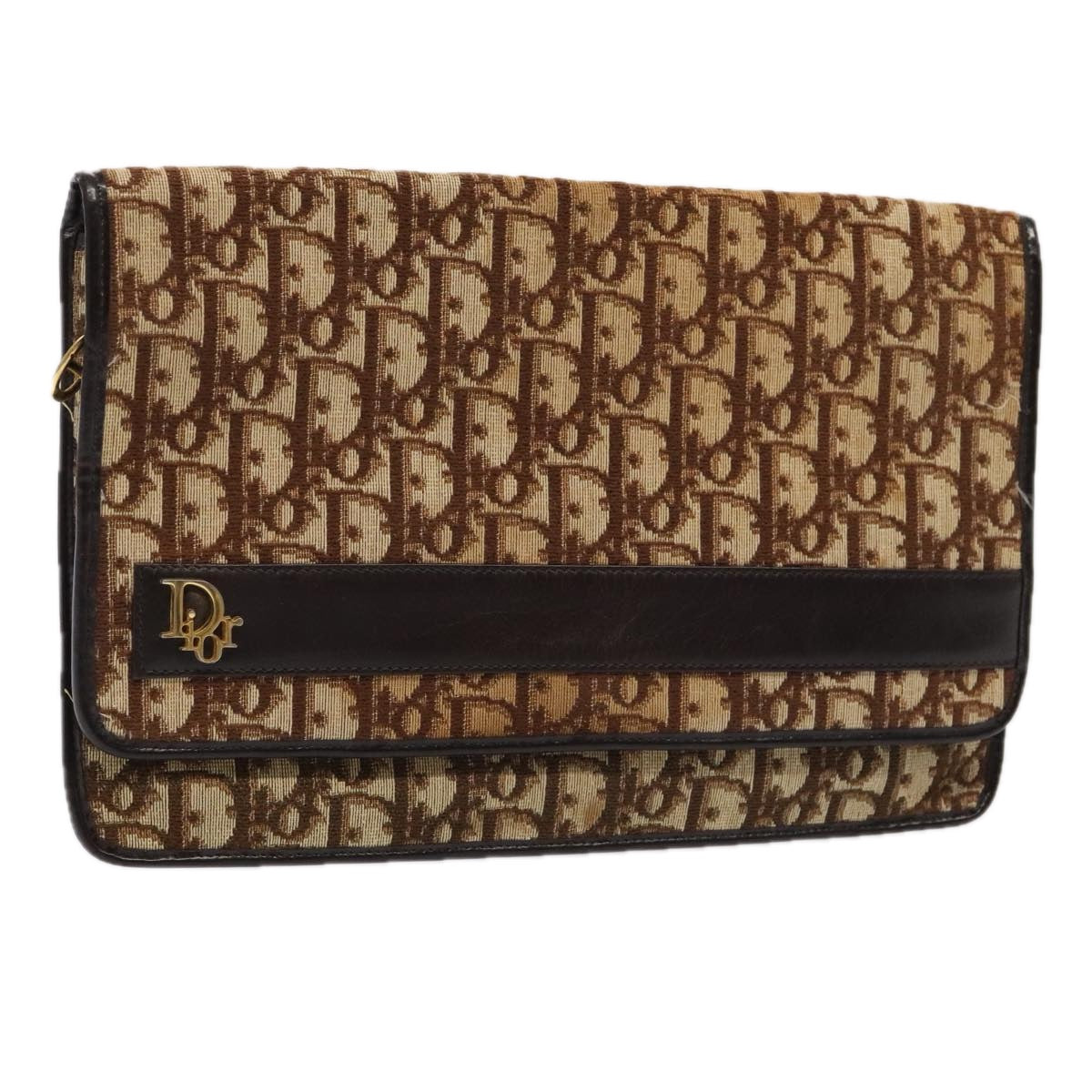 Christian Dior Trotter Canvas Clutch Bag Brown Gold Auth yk14505