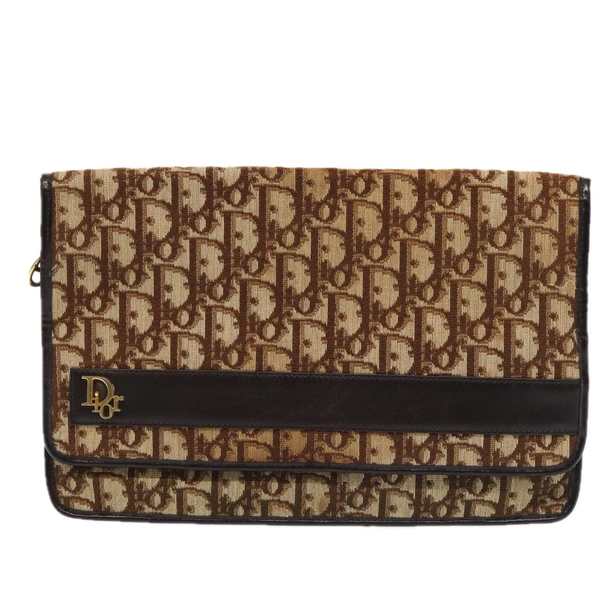 Christian Dior Trotter Canvas Clutch Bag Brown Gold Auth yk14505