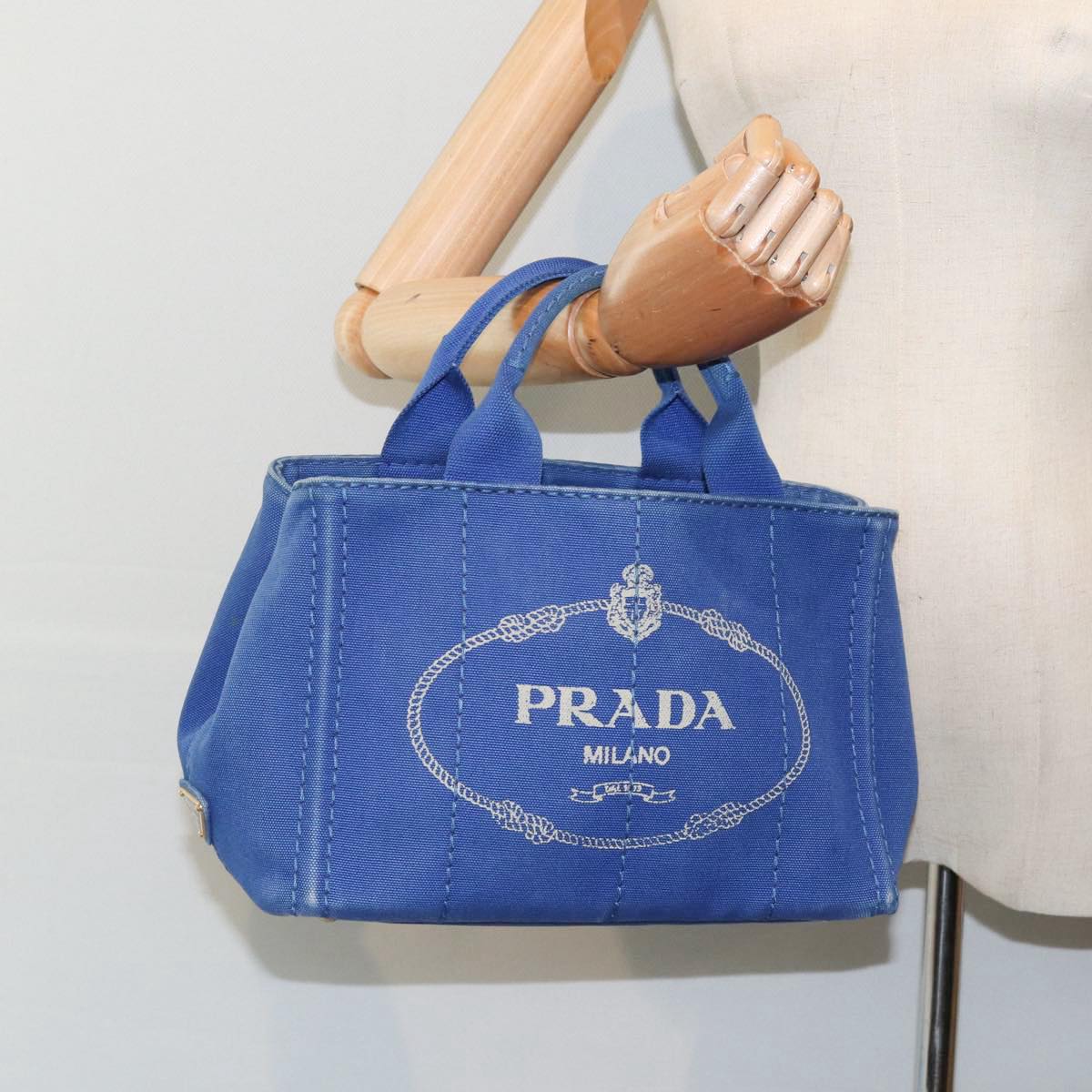 PRADA Canapa PM Hand Bag Canvas Blue Gold Auth yk14509