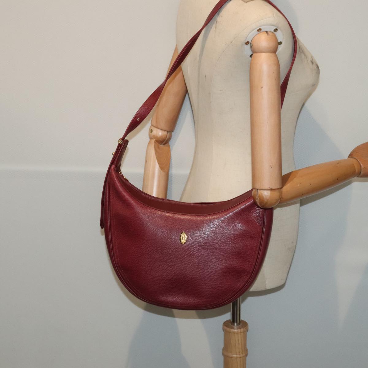 CARTIER Shoulder Bag Leather Bordeaux Gold Auth yk14511