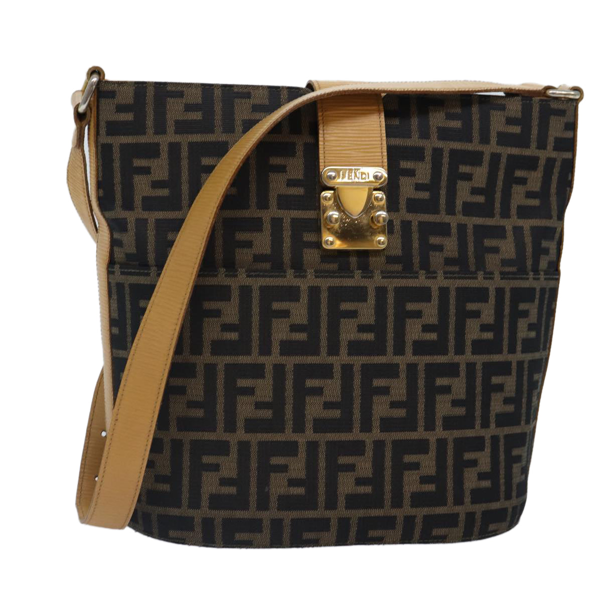 FENDI Zucca Canvas Shoulder Bag Gold Black Brown Auth yk14581