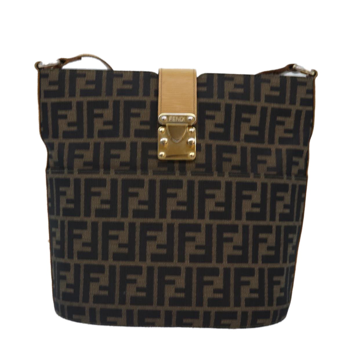 FENDI Zucca Canvas Shoulder Bag Gold Black Brown Auth yk14581