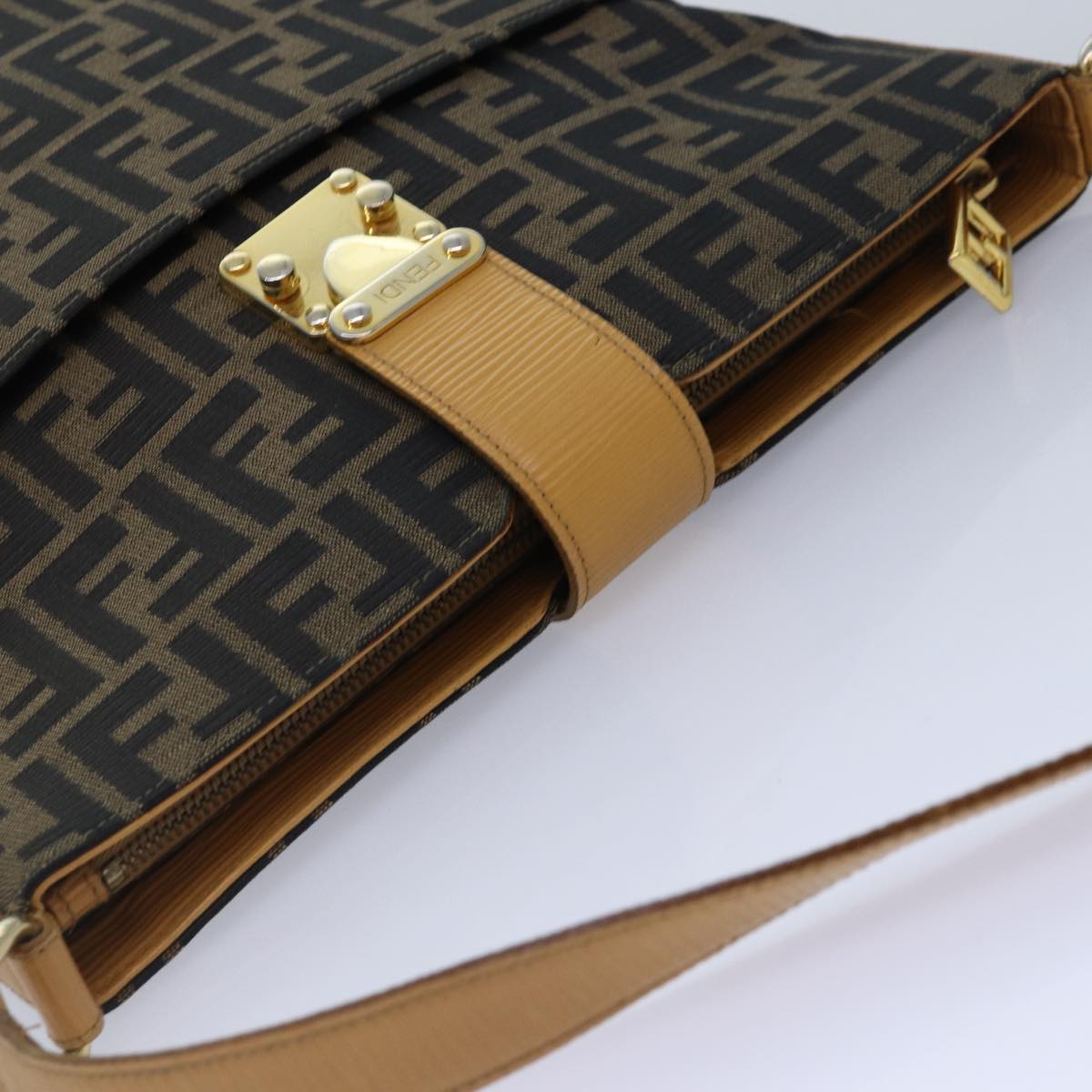 FENDI Zucca Canvas Shoulder Bag Gold Black Brown Auth yk14581