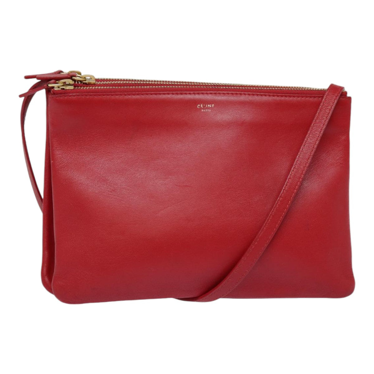 CELINE Trio large Shoulder Bag Leather Red Gold Auth yk14588