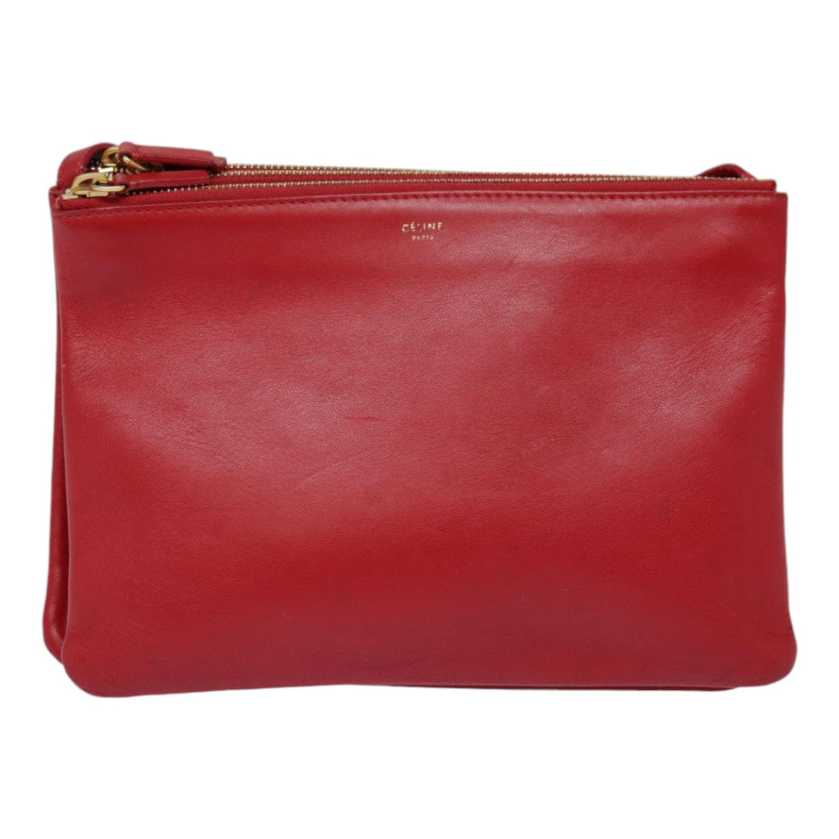 CELINE Trio large Shoulder Bag Leather Red Gold Auth yk14588