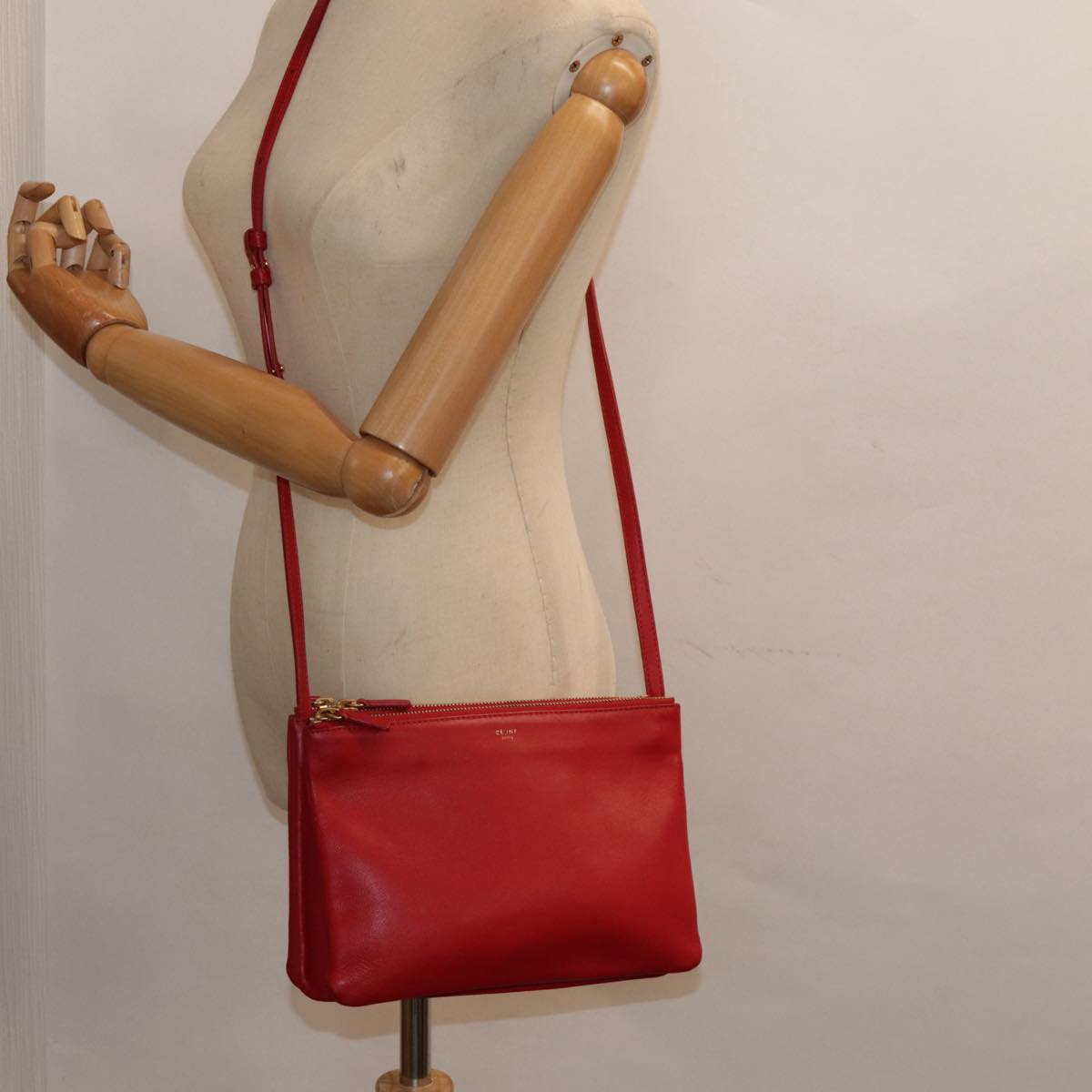 CELINE Trio large Shoulder Bag Leather Red Gold Auth yk14588