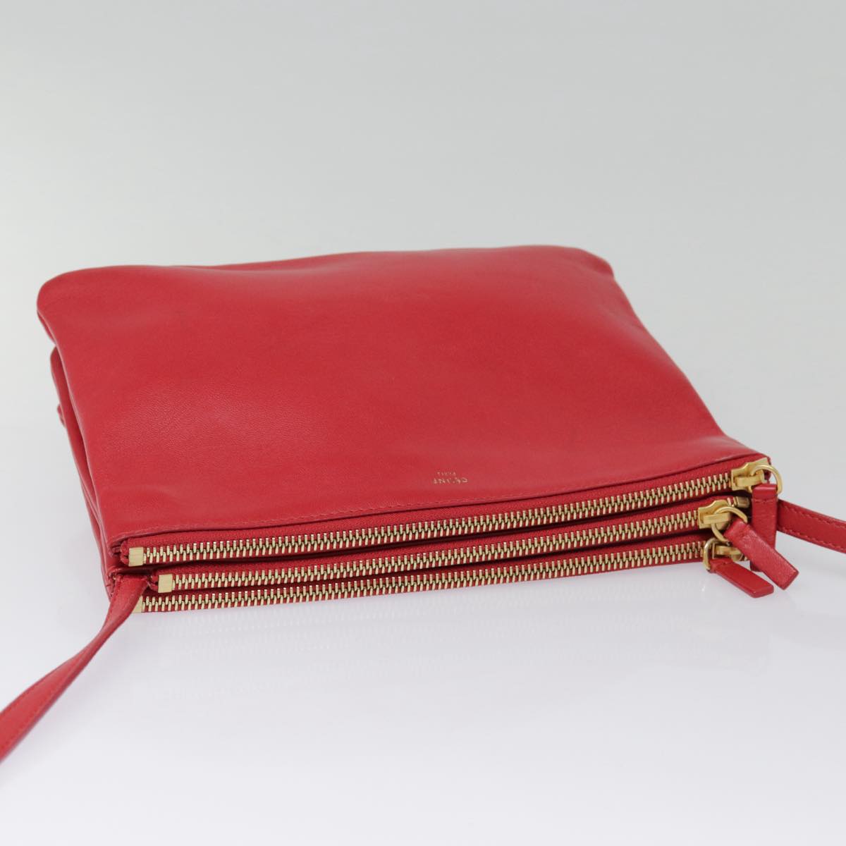 CELINE Trio large Shoulder Bag Leather Red Gold Auth yk14588