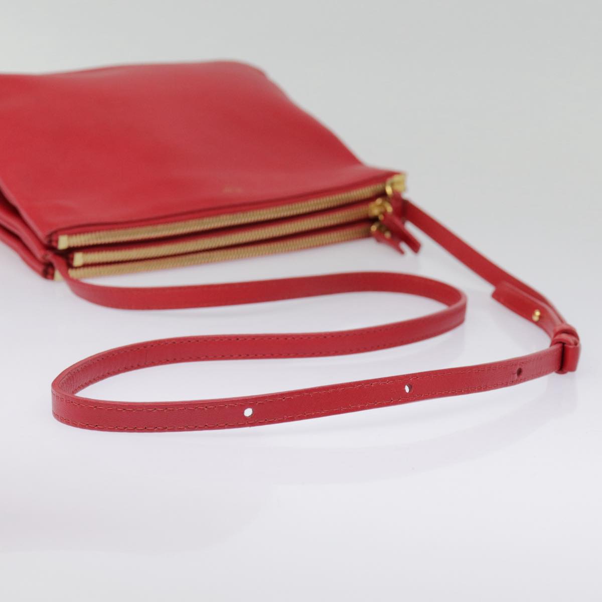 CELINE Trio large Shoulder Bag Leather Red Gold Auth yk14588