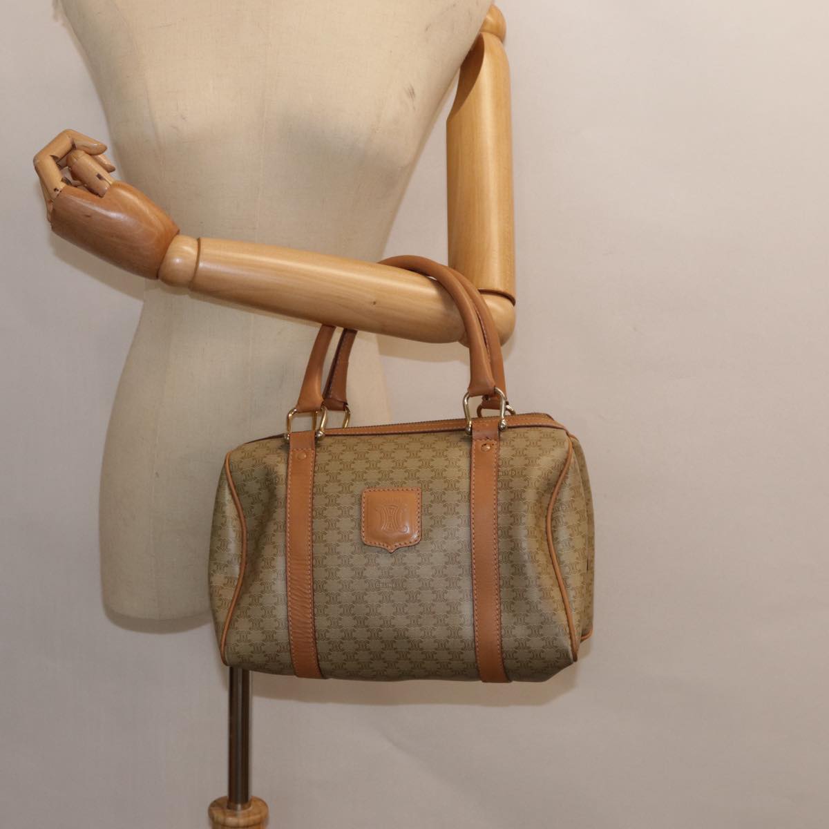 CELINE Macadam Canvas Boston Bag Beige Gold Auth yk14589