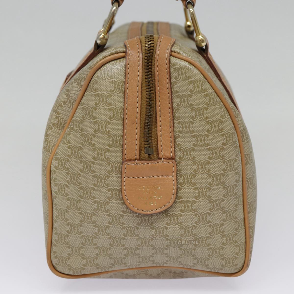 CELINE Macadam Canvas Boston Bag Beige Gold Auth yk14589