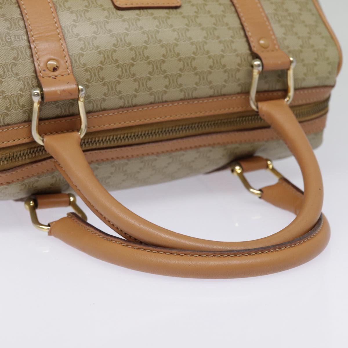 CELINE Macadam Canvas Boston Bag Beige Gold Auth yk14589