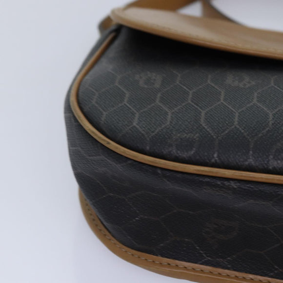 Christian Dior Honeycomb Canvas Shoulder Bag PVC Leather Black Gold Auth yk14590