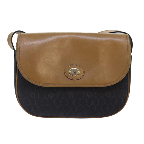 Christian Dior Honeycomb Canvas Shoulder Bag PVC Leather Black Gold Auth yk14590