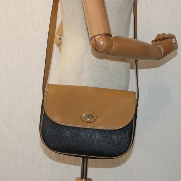 Christian Dior Honeycomb Canvas Shoulder Bag PVC Leather Black Gold Auth yk14590