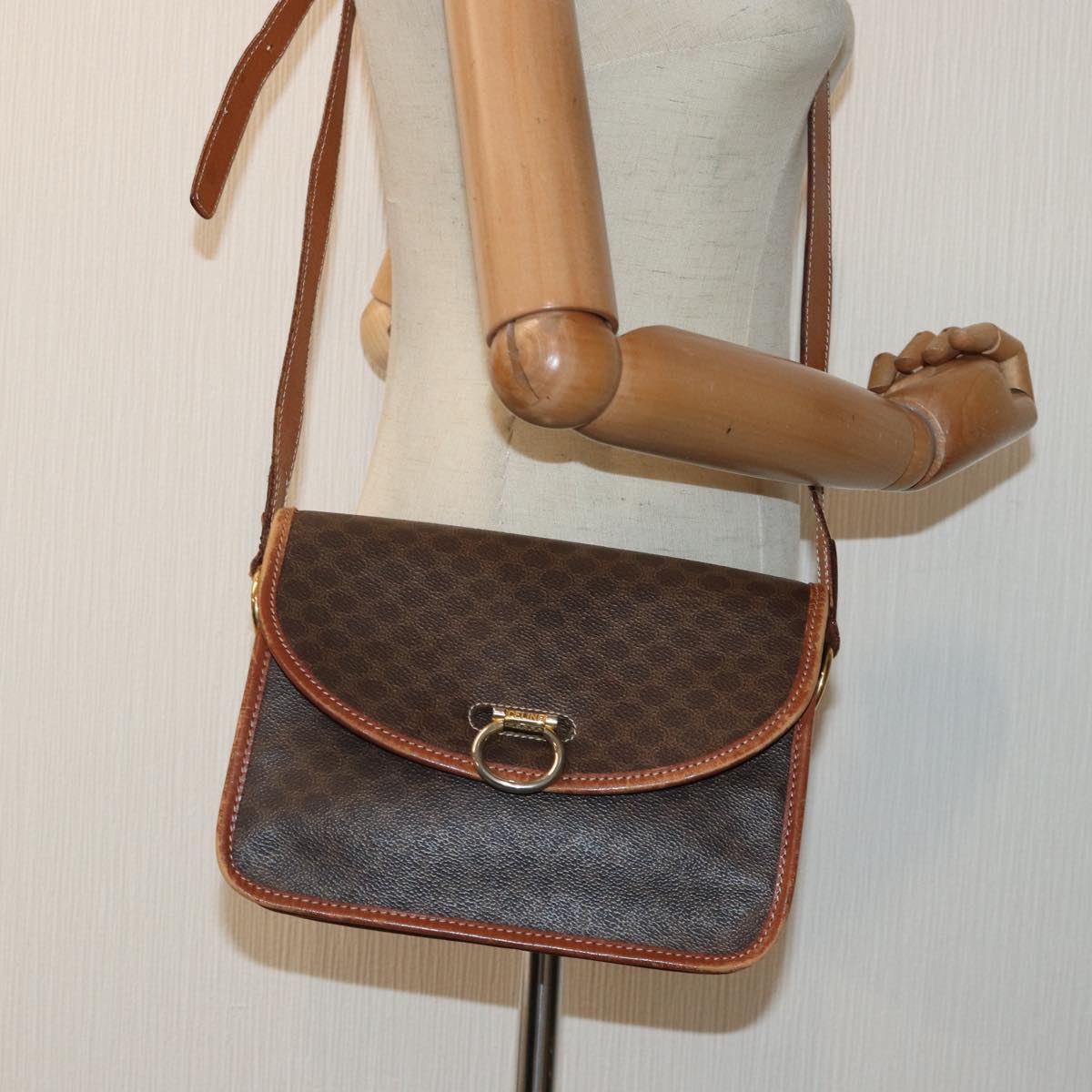 CELINE Macadam Canvas Shoulder Bag PVC Leather Brown Gold Auth yk14591