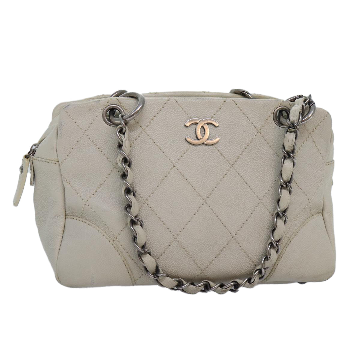 CHANEL Matelasse Chain Shoulder Bag Caviar Skin White Silver CC Auth yk14601