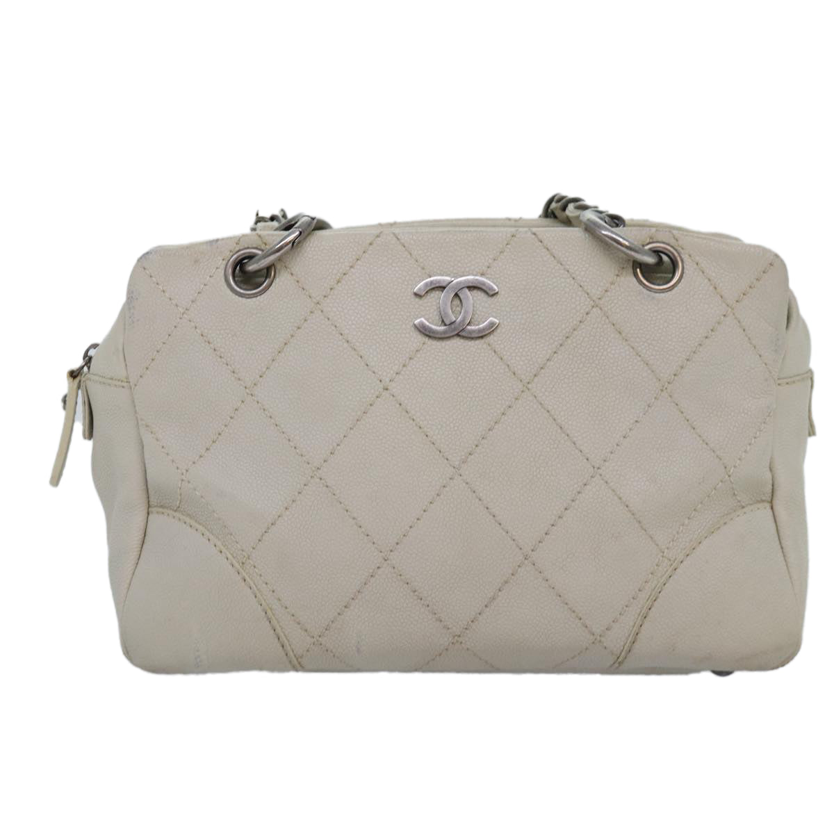 CHANEL Matelasse Chain Shoulder Bag Caviar Skin White Silver CC Auth yk14601