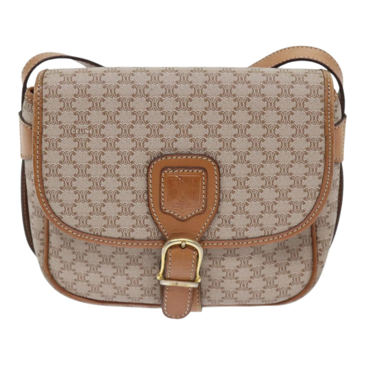 CELINE Macadam Canvas Shoulder Bag Beige Brown gold Auth yk14612