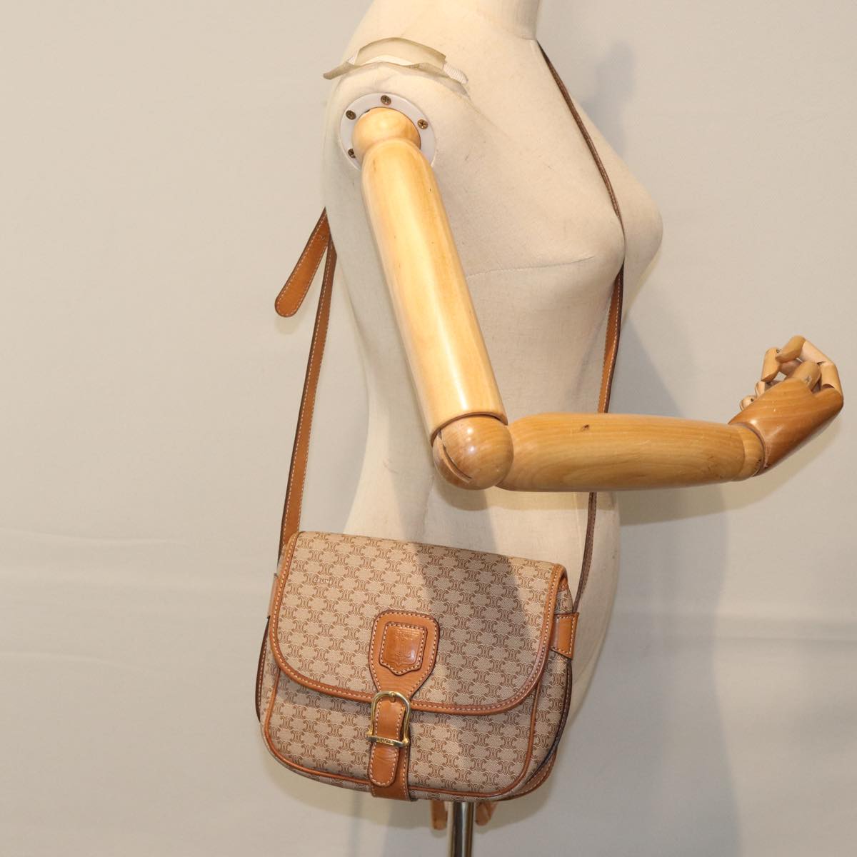 CELINE Macadam Canvas Shoulder Bag Beige Brown gold Auth yk14612