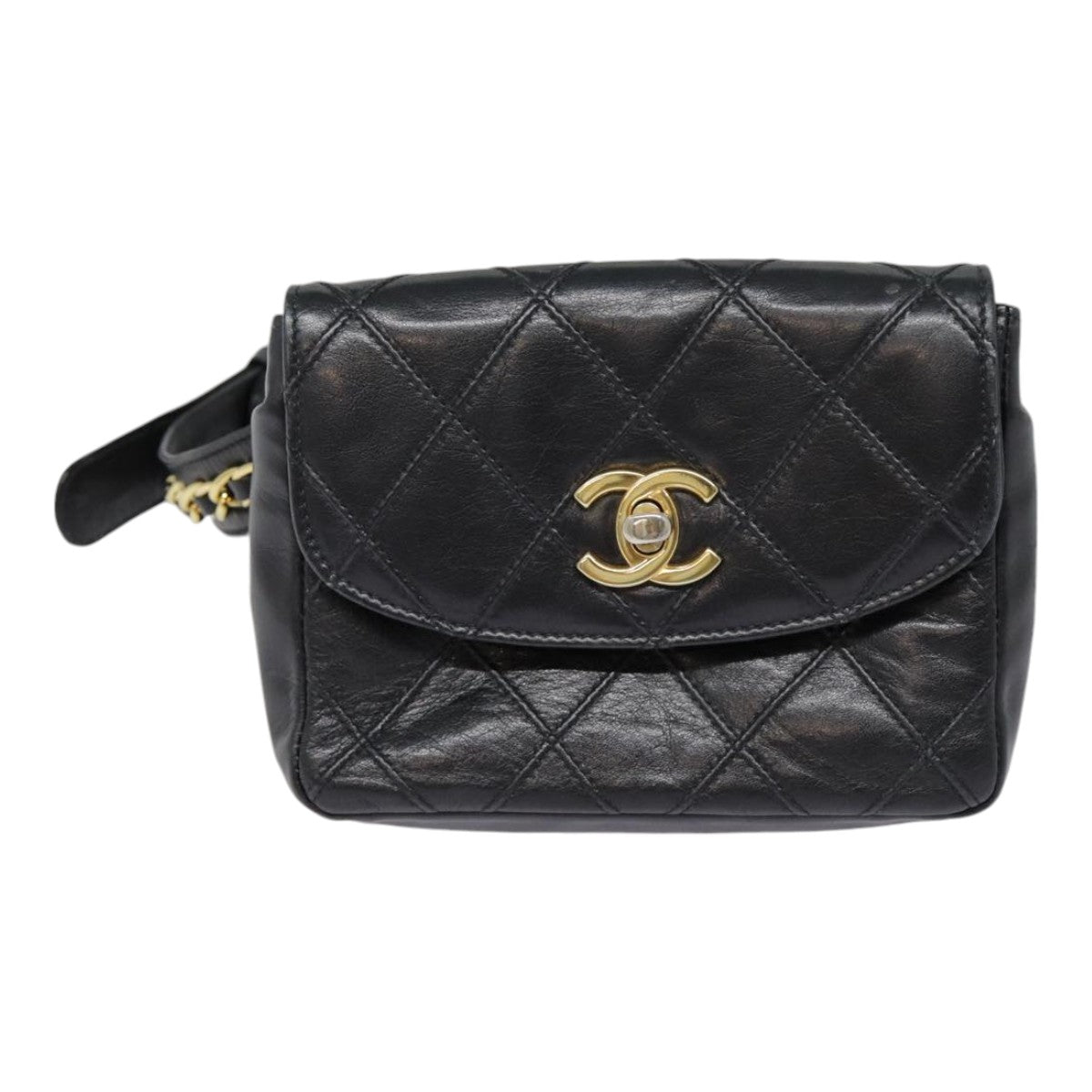 CHANEL Bicolore Turn Lock Chain Waist bag Leather Black Gold CC Auth yk14627