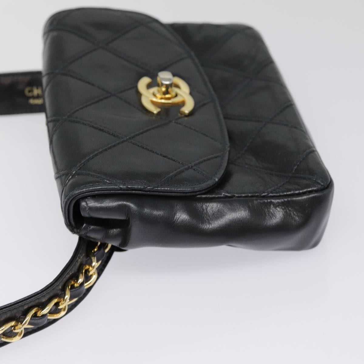 CHANEL Bicolore Turn Lock Chain Waist bag Leather Black Gold CC Auth yk14627