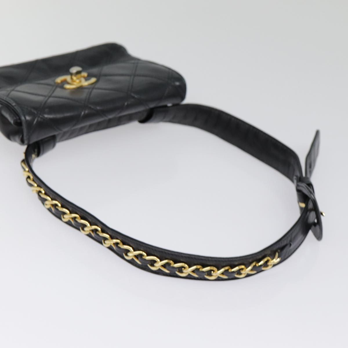 CHANEL Bicolore Turn Lock Chain Waist bag Leather Black Gold CC Auth yk14627