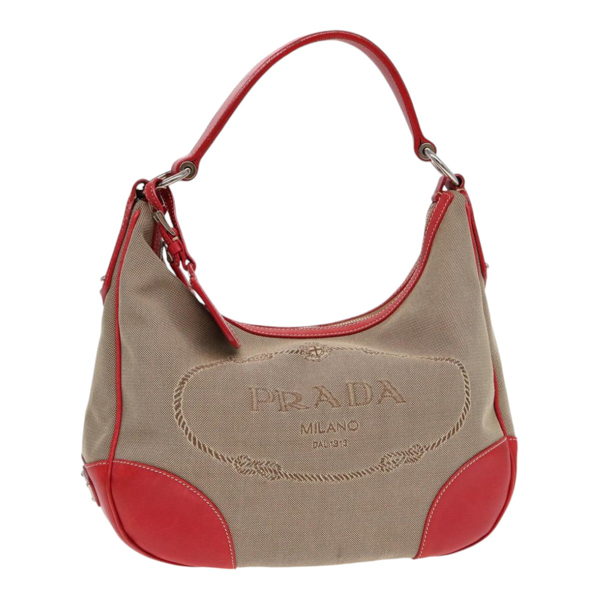 PRADA Shoulder Bag Canvas Leather Red Silver beige Auth yk14646