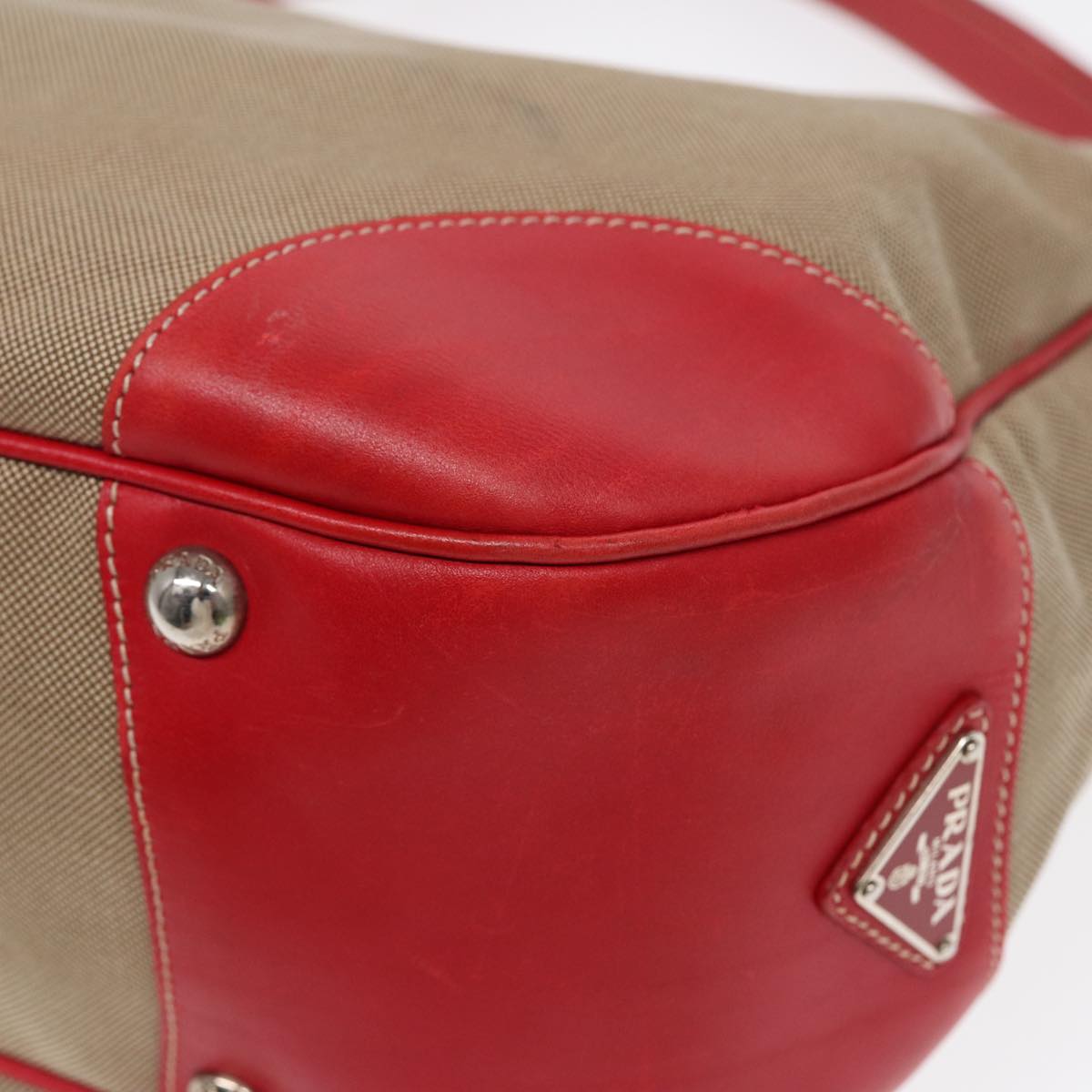 PRADA Shoulder Bag Canvas Leather Red Silver beige Auth yk14646