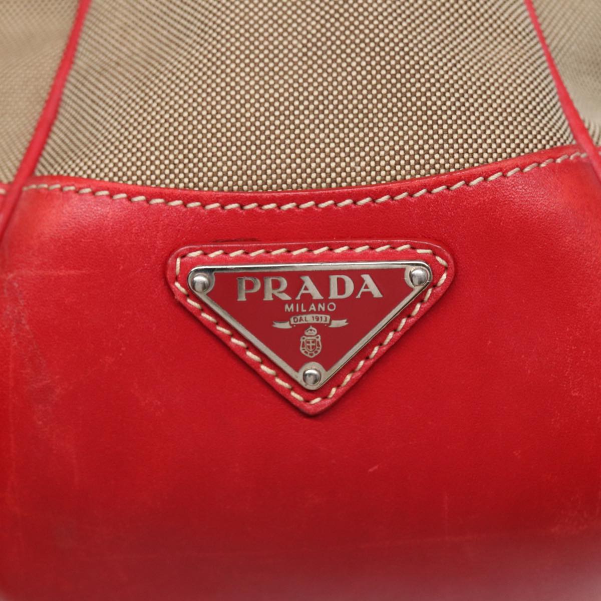 PRADA Shoulder Bag Canvas Leather Red Silver beige Auth yk14646