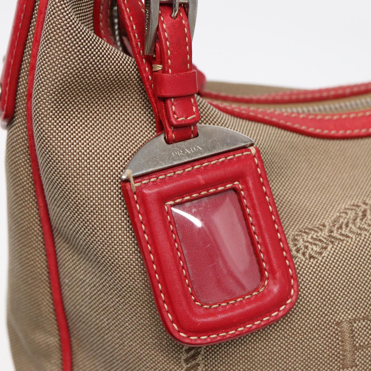 PRADA Shoulder Bag Canvas Leather Red Silver beige Auth yk14646