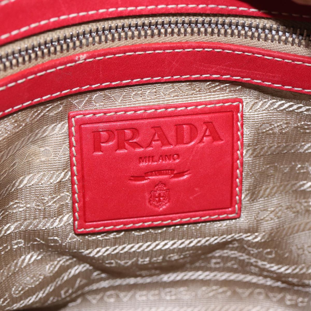 PRADA Shoulder Bag Canvas Leather Red Silver beige Auth yk14646