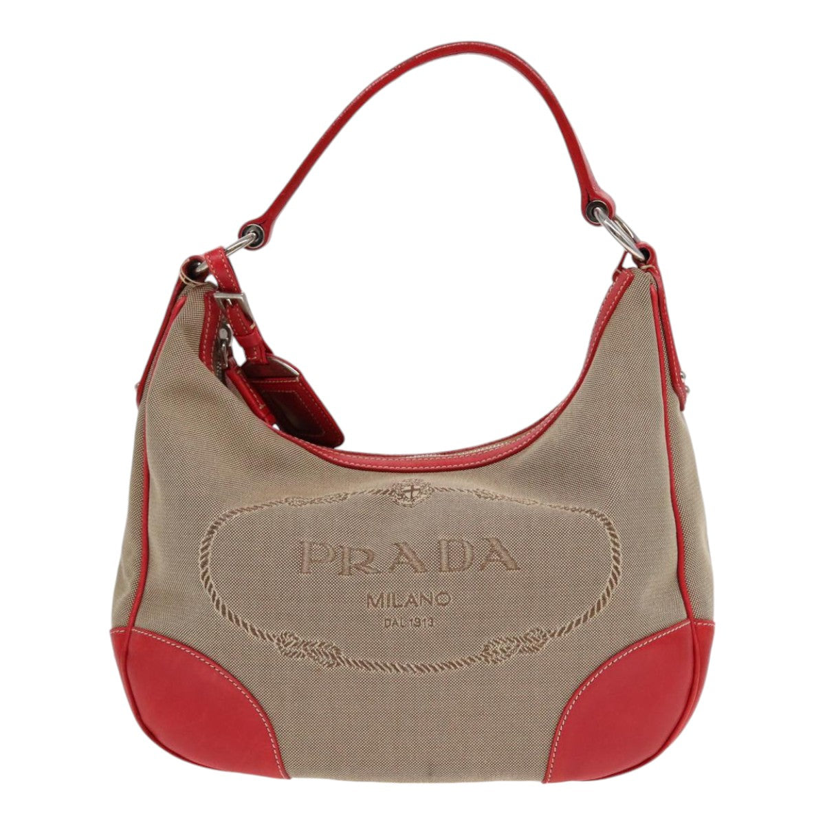 PRADA Shoulder Bag Canvas Leather Red Silver beige Auth yk14646